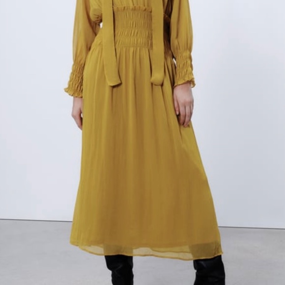 Mustard Elastic Waist Tie Dress - Picture 2 of 4